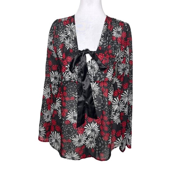 Capacity Tops - Capacity Unlimited Red Black Floral Tunic Top Sheer Long Sleeve Bow Tie Front M